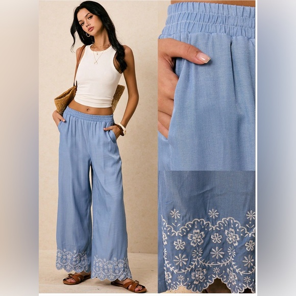 By Design Pants - Blue Embroidered Design On The Hem Pants